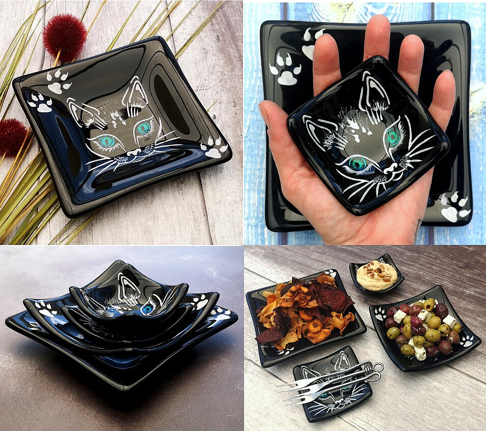 Handmade fused glass cat face bowls, with reflective dichroic glass eyes. Hand painted dish. Four different size serving plates. Cat lover Gift. Lucky black cat.