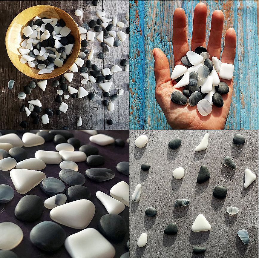 Assorted pictures of black and white tumbled glass pieces, displayed in mixed sizes and shapes, showcasing a frosted finish that mimics the look of weathered sea glass, perfect for crafting.