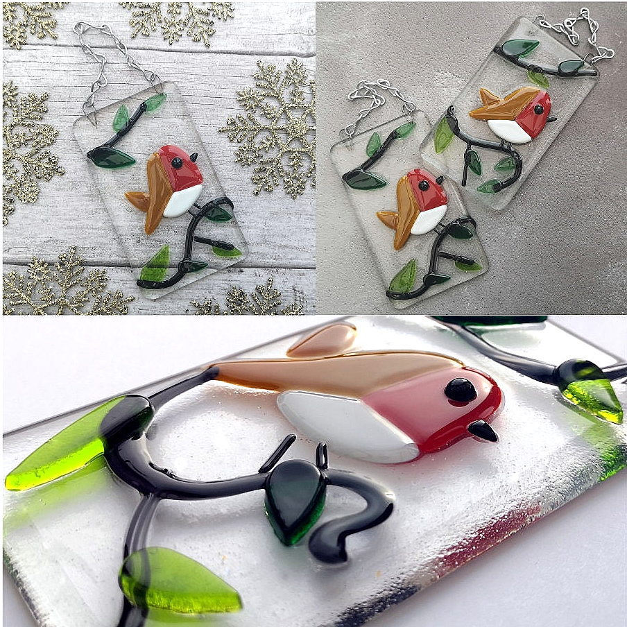Handmade fused glass robin hanging decoration. Bird in a tree ornament, holiday decor, Christmas gift, festive present. Robin red breast picture.