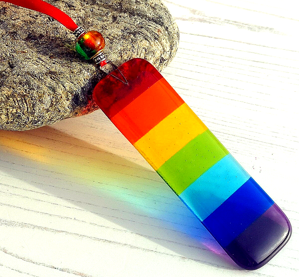 Handmade fused glass Rainbow Drops. Hanging Christmas tree decoration. Glass suncatcher bauble ornament, holiday decor gift, festive present.