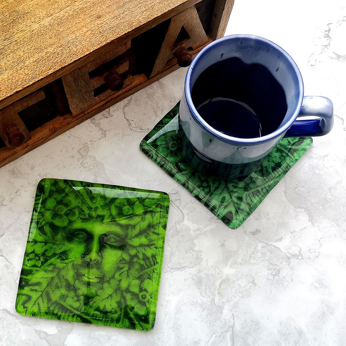 Handmade fused glass Lady Of The Woods drinks coaster. Green man face place mat. Leaf man, green woman glass tile. Nature lover gift. Pagan gift.