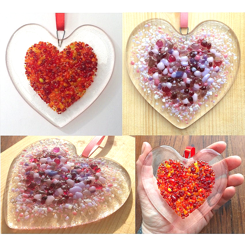 Handmade fused glass Red Pink Love Heart Hanging Decoration. Valentine suncatcher gift. Romantic, love, message from the heart present. Girlfriend, boyfriend, partner, husband, wife, Mum, friend.