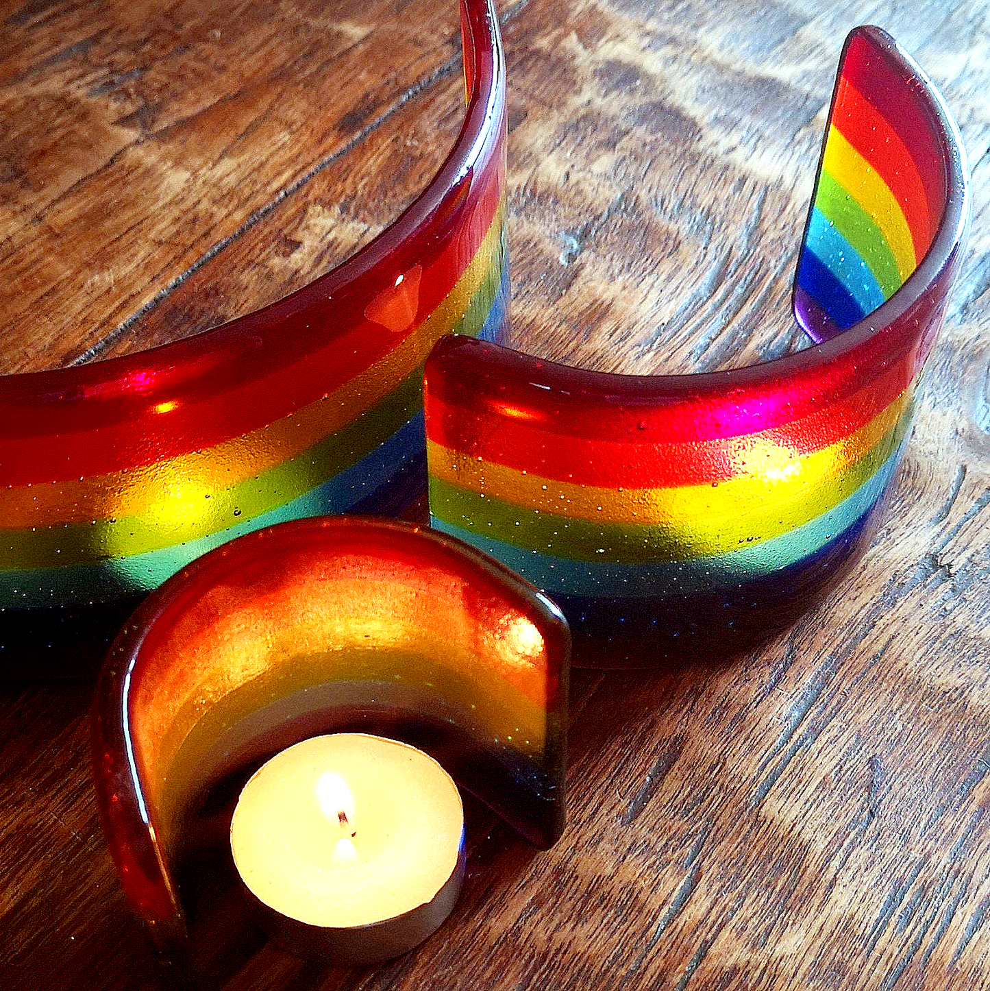 Handmade fused glass curved rainbow bridge. Free standing rainbow arch. Brightly coloured glass gift. Suncatcher, tealight candle surround. Gift for pet loss, remembrance.
