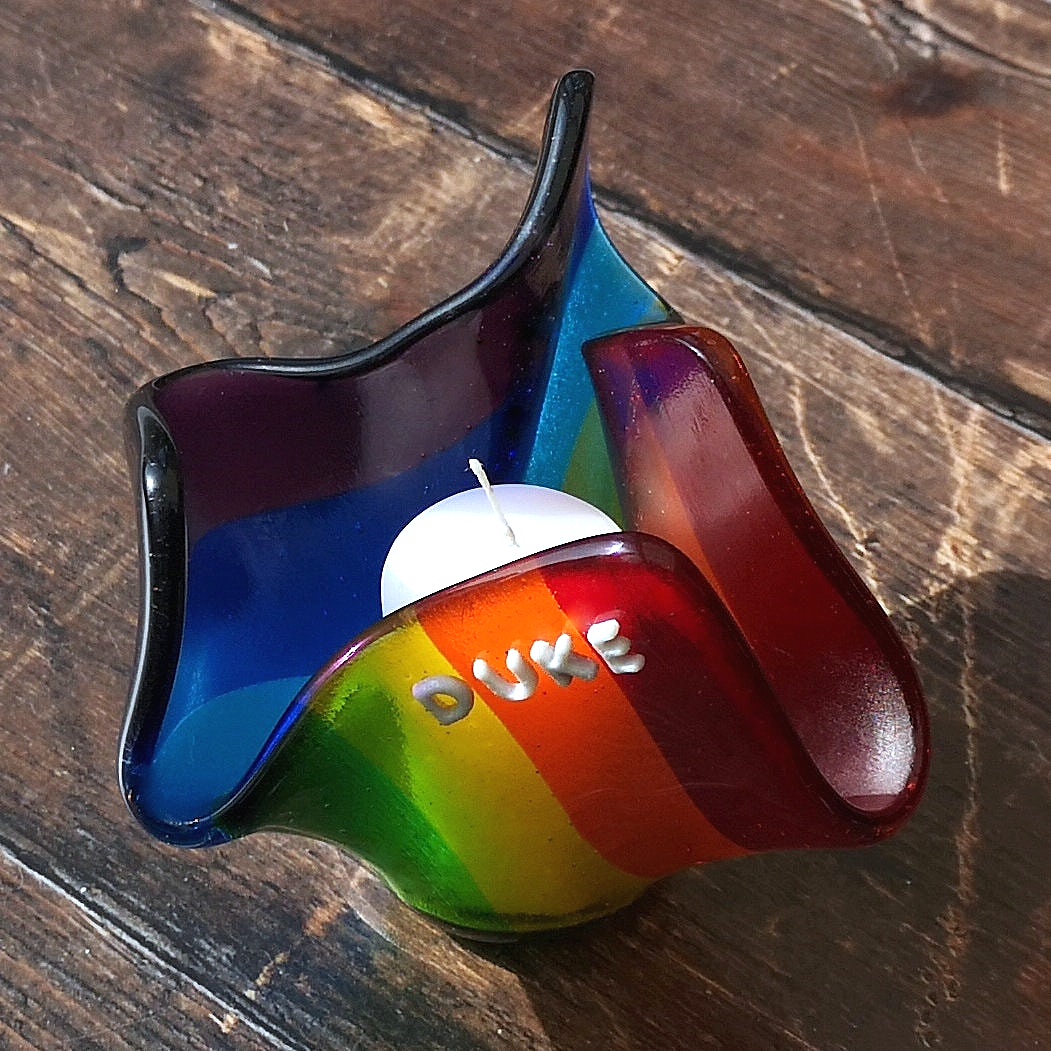 Handmade fused glass rainbow tealight candle holder. 3D pet paw prints. Personalised 3D name. Brightly coloured glass gift. Suncatcher, light catcher. Gift for pet loss, remembrance.