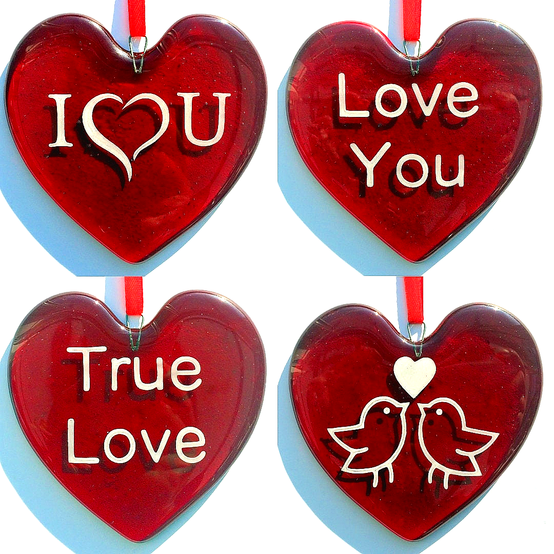 Handmade fused glass Red Personalised Love Heart Hanging Decoration. Hand painted design. Valentine suncatcher gift. Romantic, love, message from the heart present. Girlfriend, boyfriend, partner, husband, wife, Mum, friend.