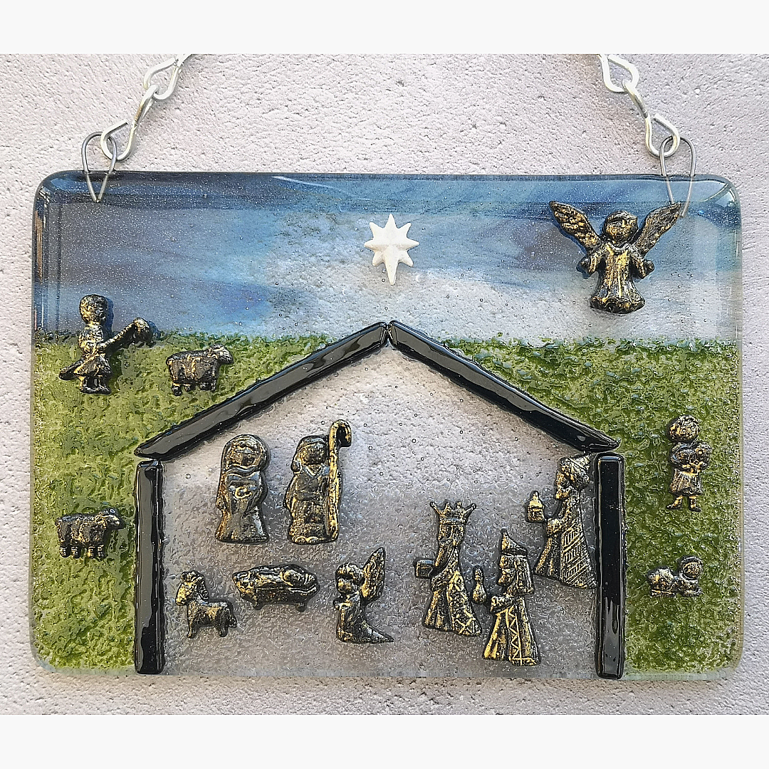 Handmade fused glass nativity scene hanging picture or free standing wooden frame. Decoration ornament, Christmas decor, festive gift, present. 3 wise men, baby Jesus in a manger.