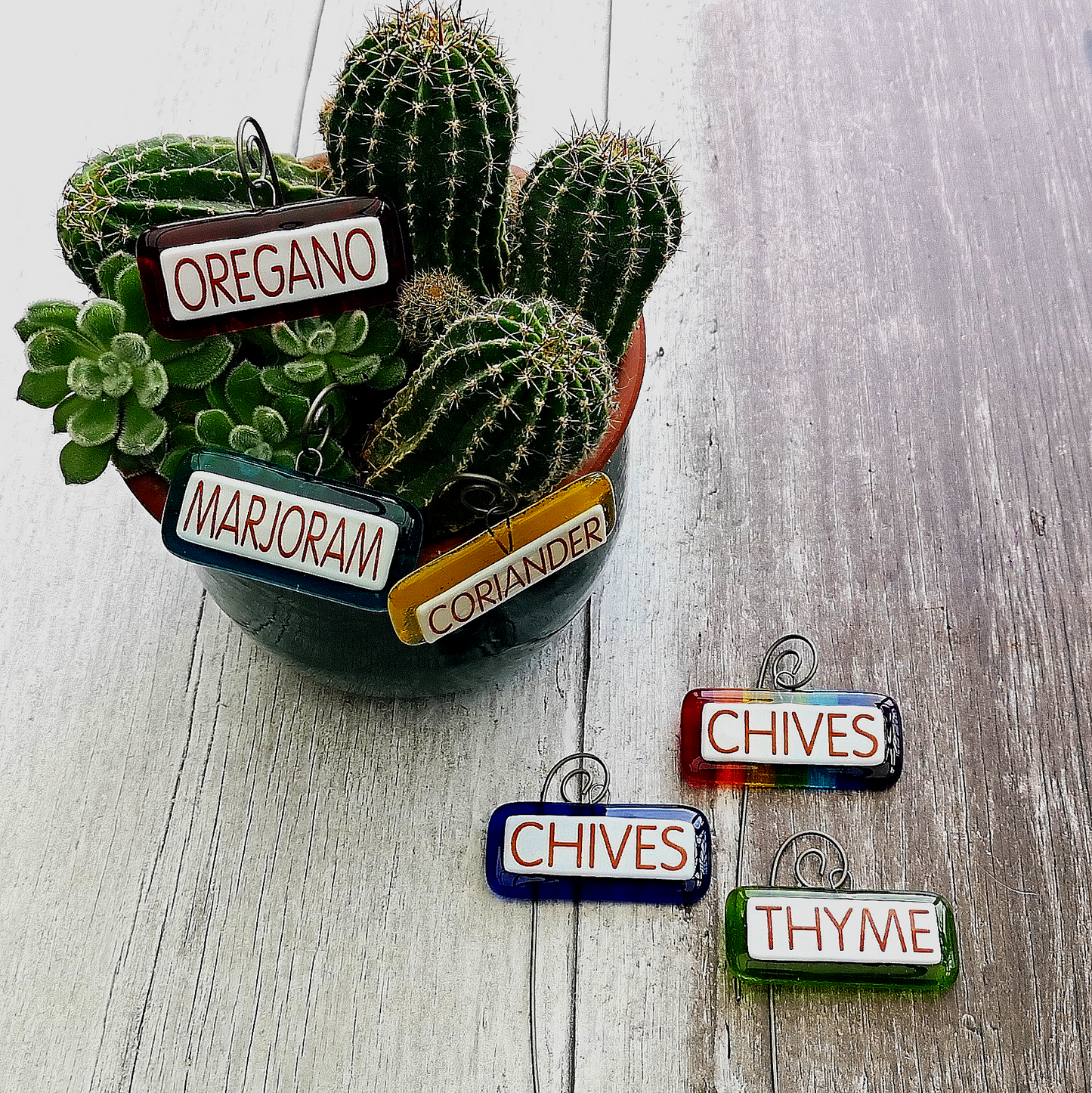 Handmade fused glass personalised hanging plant label. Colourful plant marker. Rainbow garden plant stake. Herb, vegetable, flower, fruit name