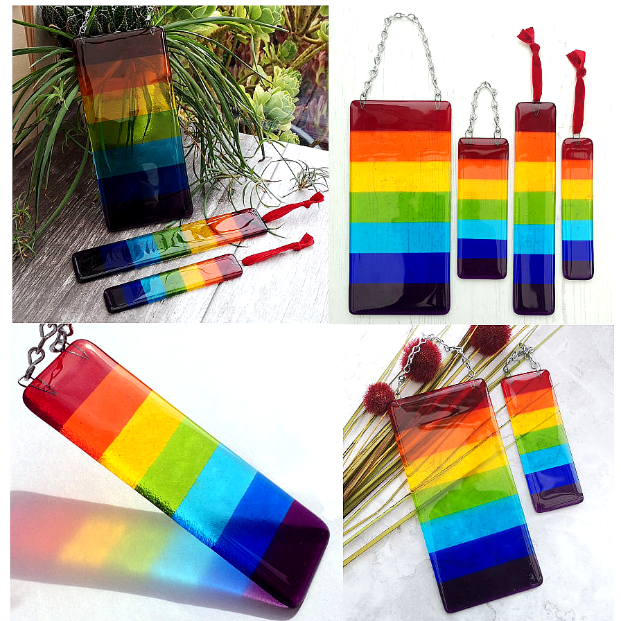 Handmade fused glass Rainbow Striped Hanging Picture / Suncatcher. Brightly coloured glass light catcher, rainbow decor, colourful wall or window art.