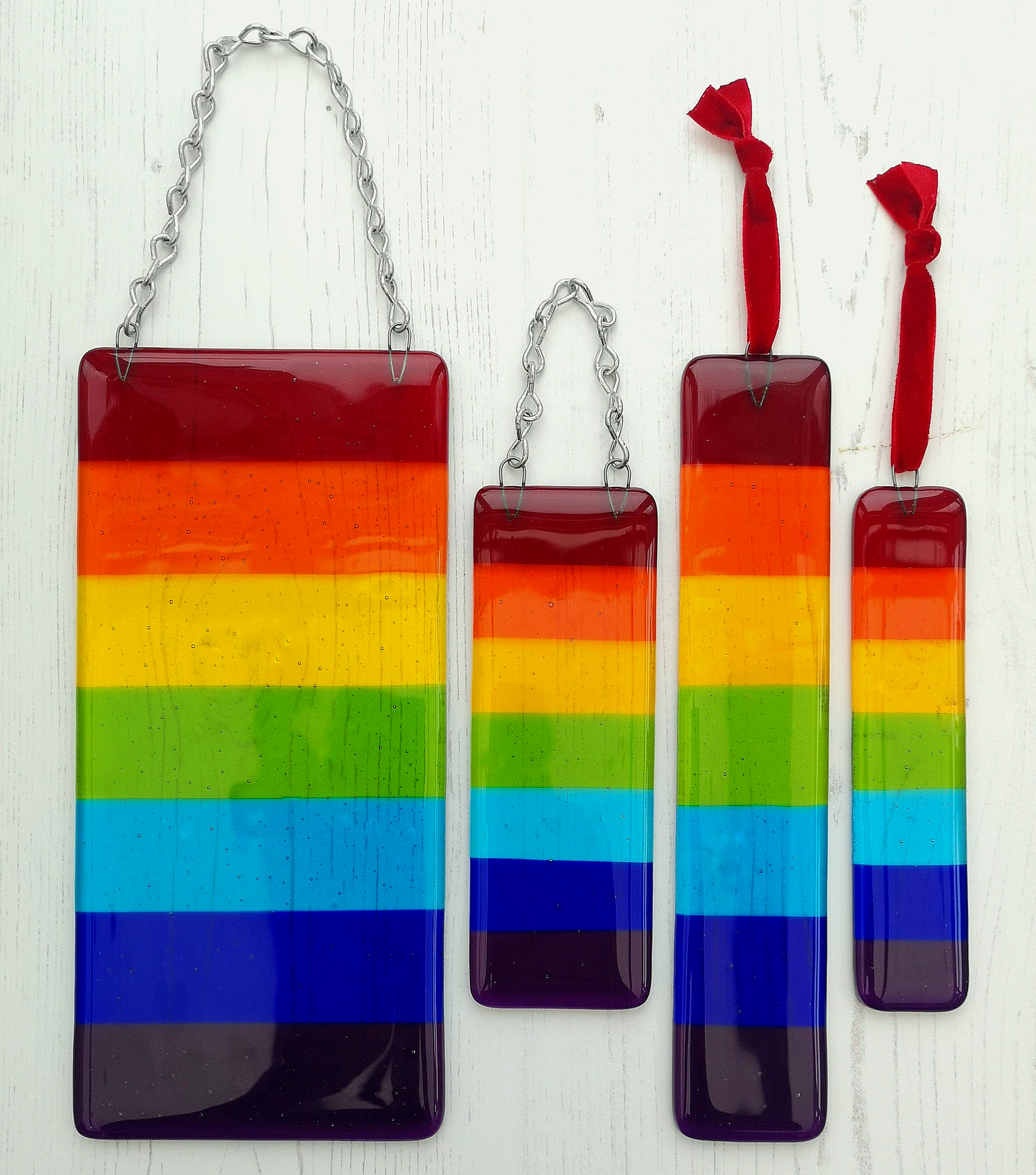 Handmade fused glass Rainbow Striped Hanging Picture / Suncatcher. Brightly coloured glass light catcher, rainbow decor, colourful wall or window art.