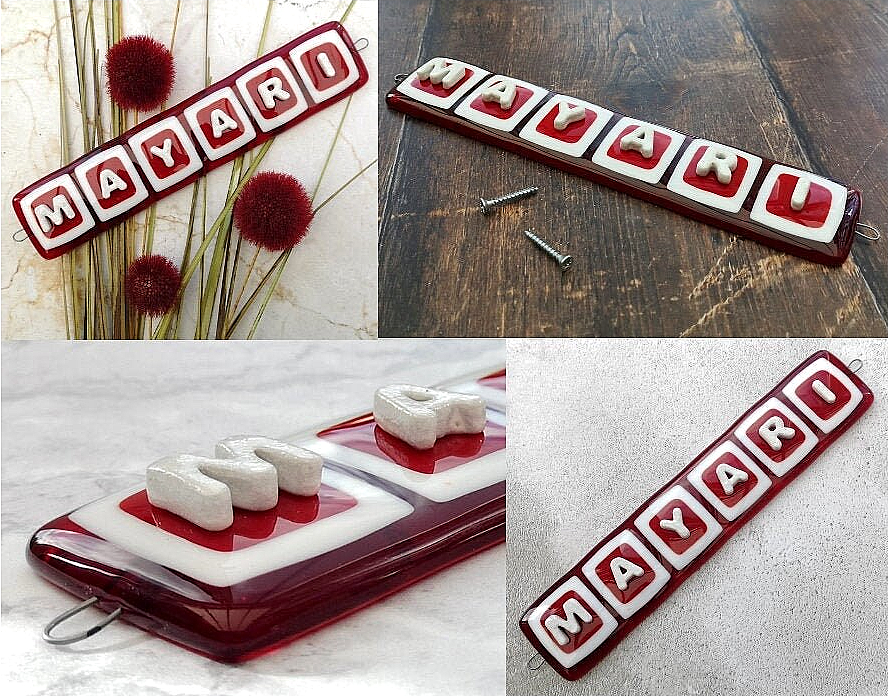 Handmade fused glass personalised name sign. Customised 3D name plaque. Child's name door sign. Colourful name plate, new baby gift. Expecting Mum present.