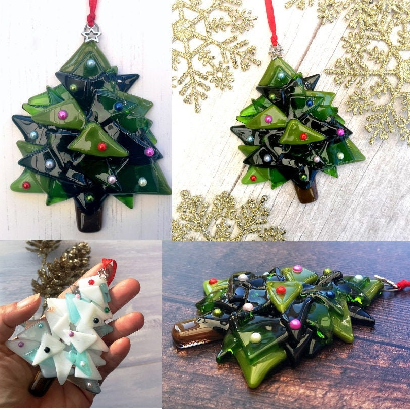 Handmade fused glass 3D Christmas tree hanging decoration, Xmas tree ornament, holiday decor, Christmas gift, festive present