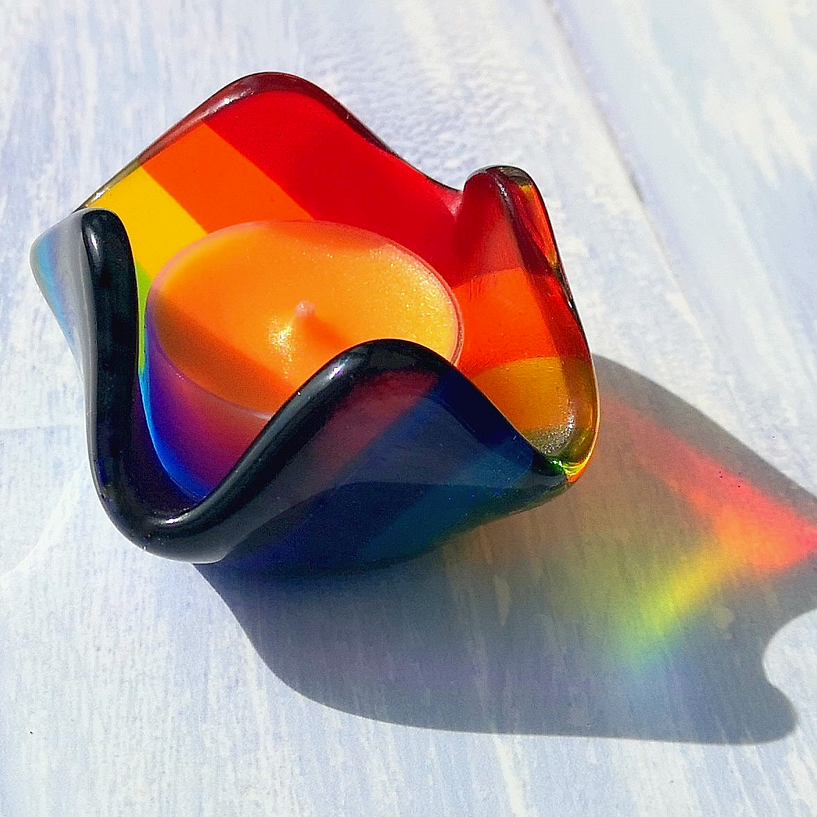 Handmade fused glass rainbow tealight candle holder. 3D pet paw prints. Personalised 3D name. Brightly coloured glass gift. Suncatcher, light catcher. Gift for pet loss, remembrance.