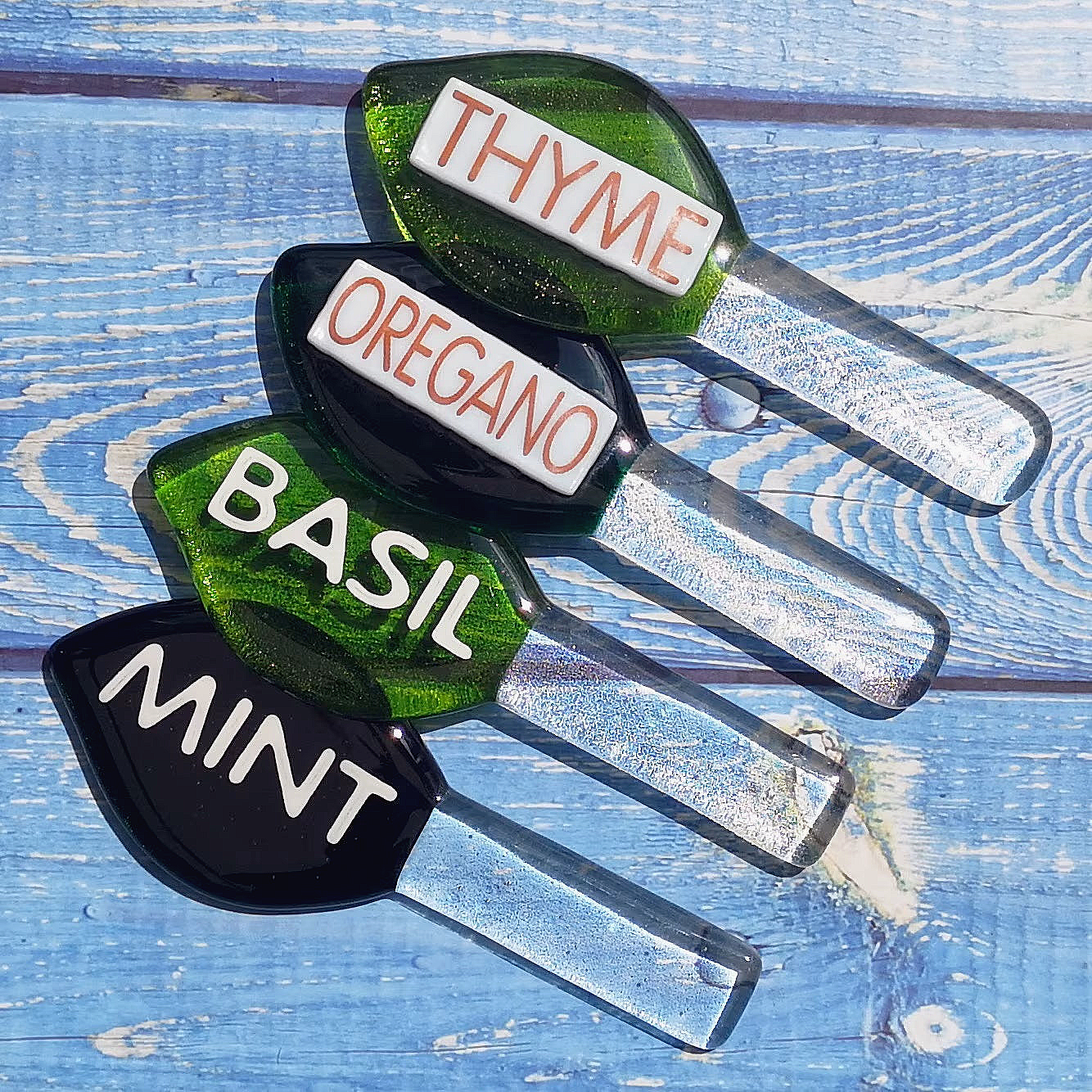 Handmade fused glass personalised plant label. Colourful plant marker. Leaf shaped garden plant stake. Herb, vegetable, flower, fruit name.