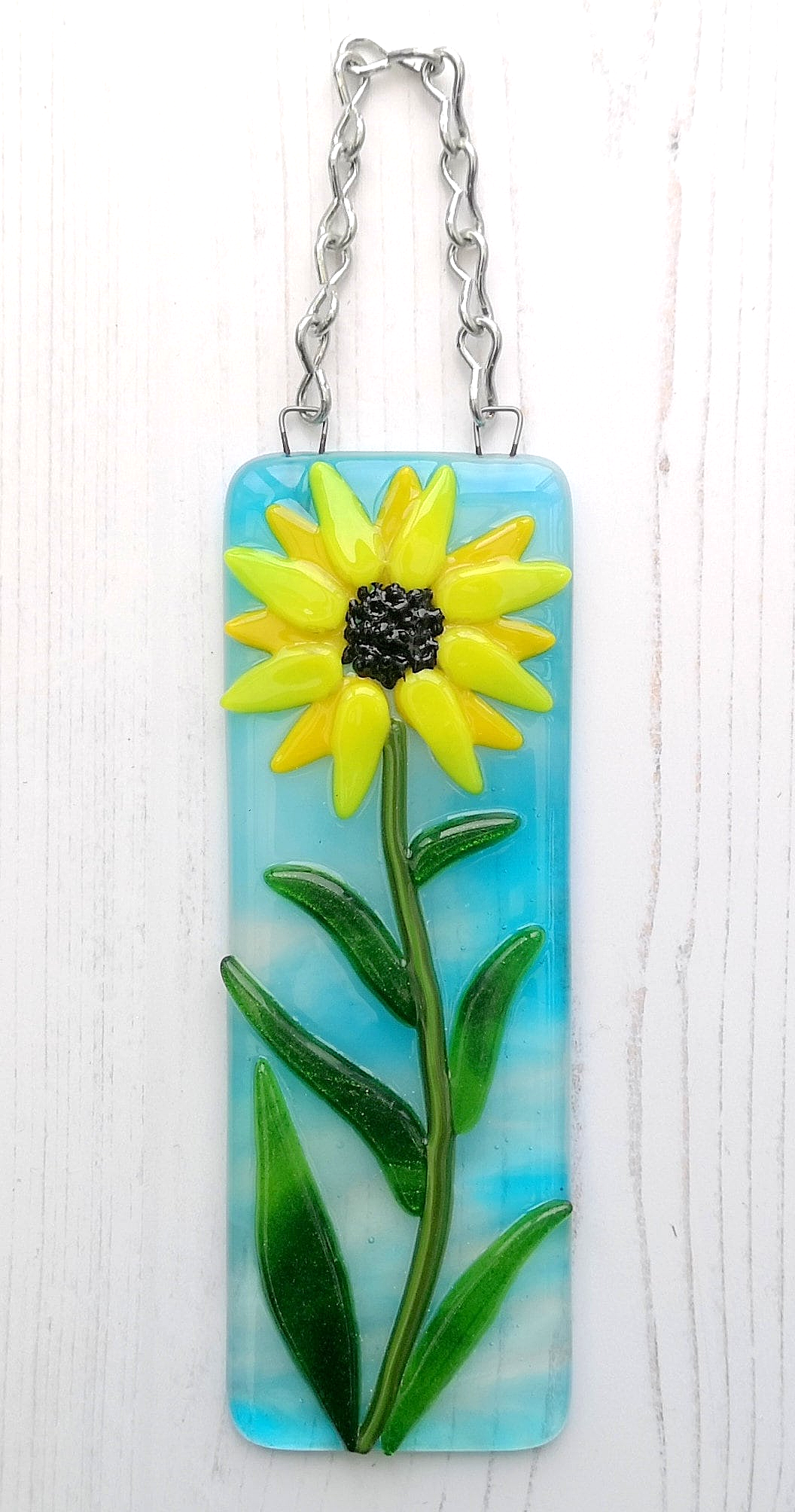 Handmade 3D fused glass Sunflower Hanging Picture, suncatcher. Floral decoration, ornament, flower wall art, garden picture gift.