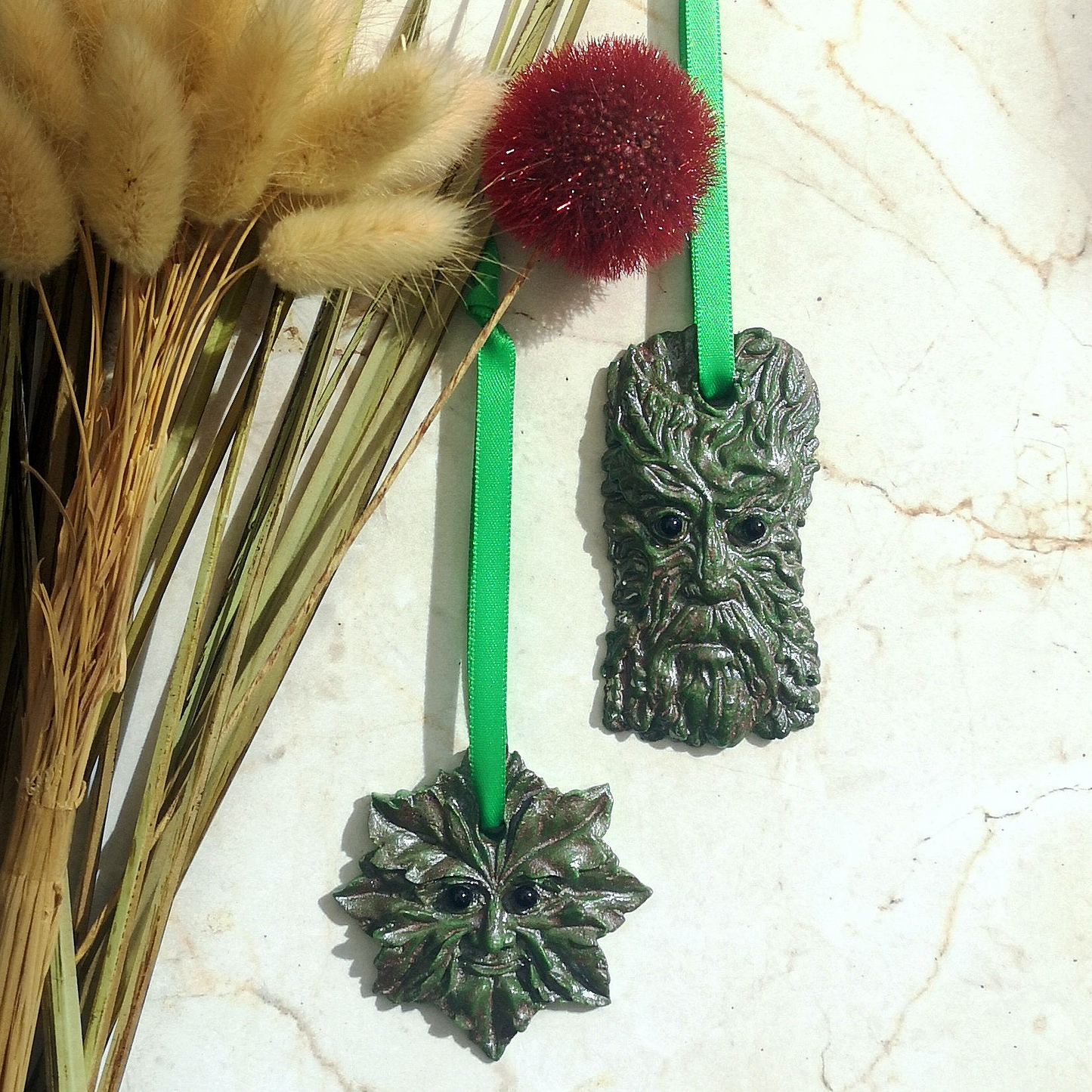 Handmade fused glass Greenman face hanging decoration. Leaf Man Christmas tree bauble. Man of the woods decor. Nature lover gift. Pagan gift.