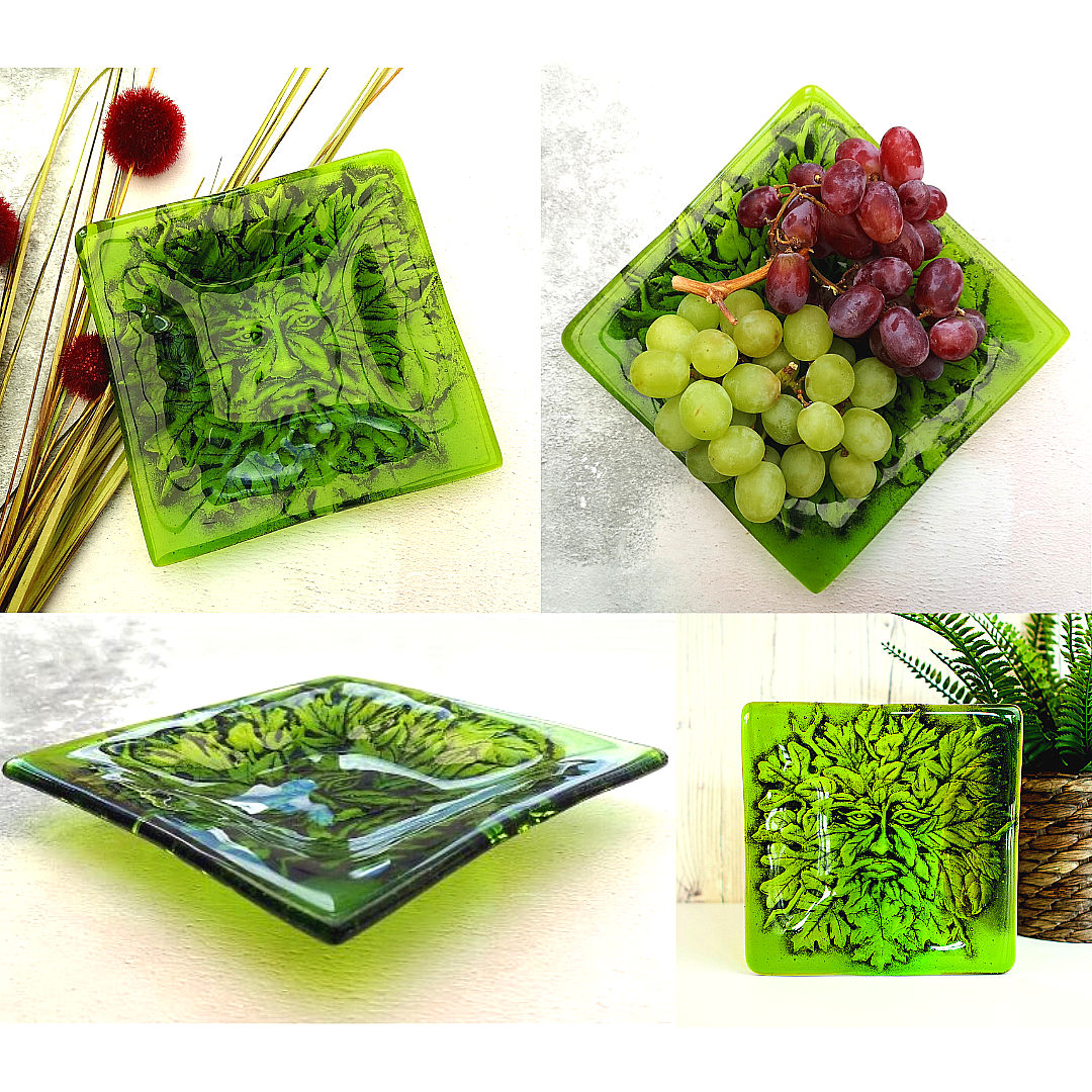 a series of four pictures showing different glass dishes