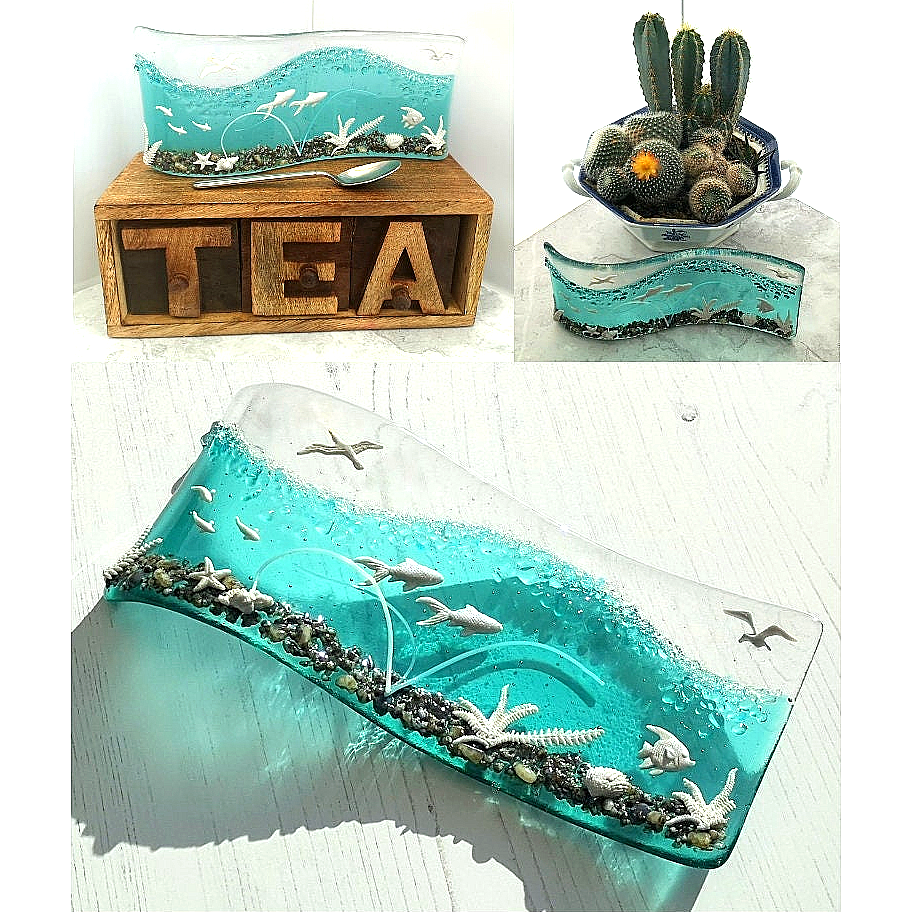 Handmade fused glass 3D Under The Sea free standing curved picture, suncatcher. Ocean art, nature, nautical gift decoration, glass fish, wave, sea shells.
