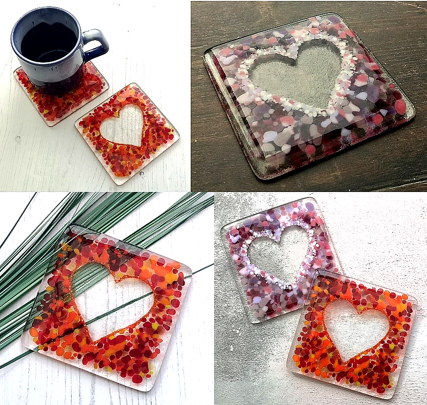 Handmade fused glass love heart drinks coaster, glass heart design wall tile. Pink, red home decoration, dining table protection. Valentine, romantic gift. Wedding present.