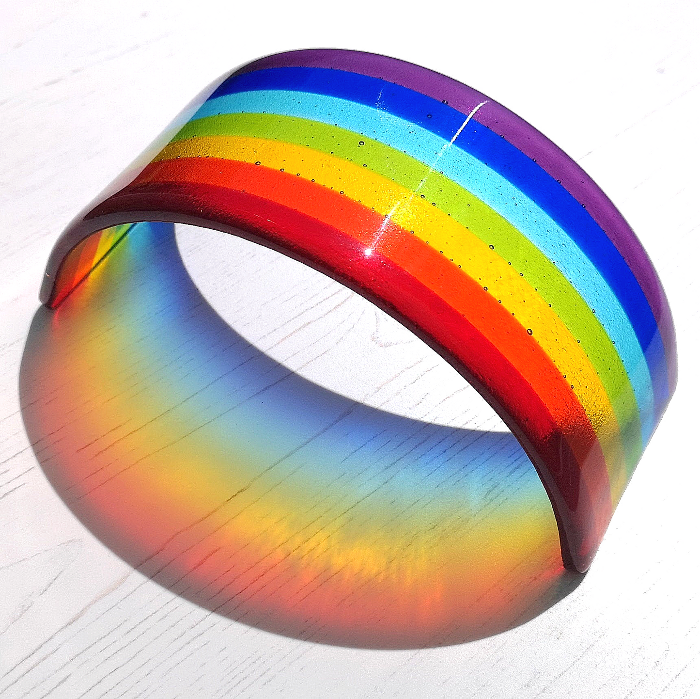 Handmade fused glass curved rainbow bridge. Free standing rainbow arch. Brightly coloured glass gift. Suncatcher, tealight candle surround. Gift for pet loss, remembrance.