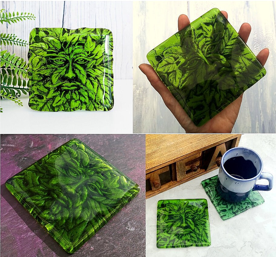 Handmade fused glass Greenman drinks coaster. Green man place mat. Leaf man, Greenman face, green glass tile. Man of the woods. Nature lover gift. Pagan gift.