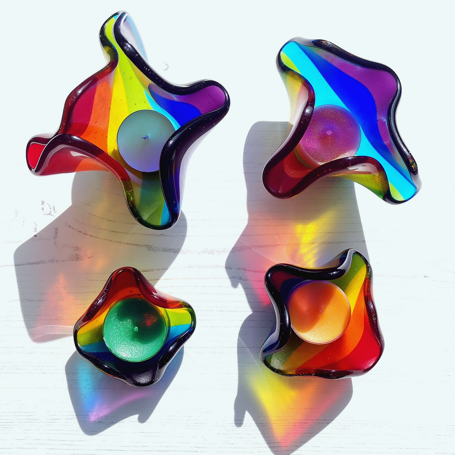 Handmade fused glass rainbow tealight candle holder. 3D pet paw prints. Personalised 3D name. Brightly coloured glass gift. Suncatcher, light catcher. Gift for pet loss, remembrance.