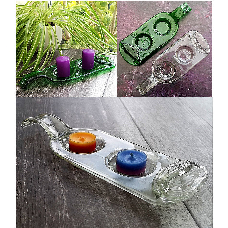 Handmade fused glass Recycled Wine Bottle Tealight / Small Candle Holder. Squashed Slumped Bottle - Eco Gift Zero Waste Reclaimed Upcycled.