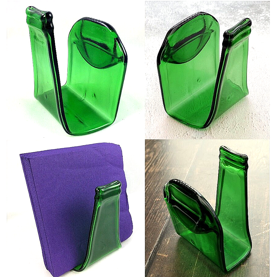 Handmade fused glass Recycled Beer Bottle Napkin Holder. Squashed, slumped bottle tissue serviette dispenser. Eco gift, zero waste, reclaimed, upcycled glass storage.