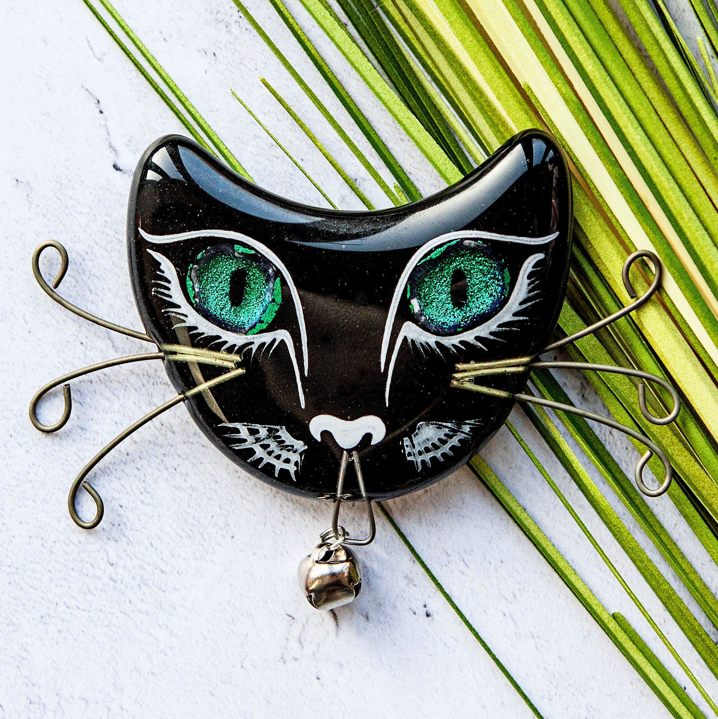 Handmade fused glass cat face fridge magnet. Reflective dichroic glass eyes. Magnetic cat lover gift, crazy cat, black cat, hand painted lucky cat. Feline kitten gift.