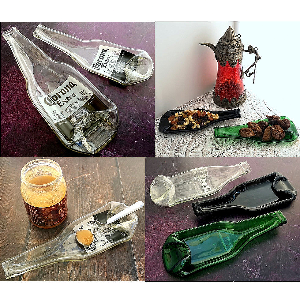 Handmade fused glass Recycled Beer / Cola / Corona Bottle Dish. Squashed, slumped bottle serving plate. Eco gift, zero waste, reclaimed, upcycled glass bowl.