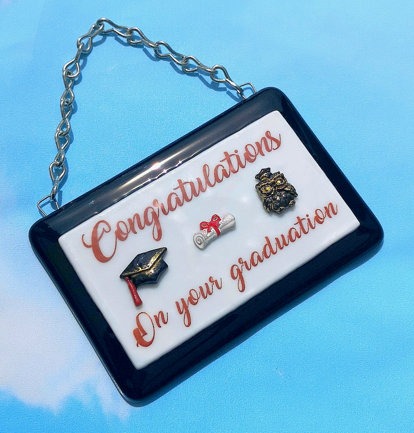Handmade fused glass Congratulations On Your Graduation hanging picture. Custom, customised decoration award present. Personalised name gift for graduate, masters, doctorate degree. Name plaque certificate.