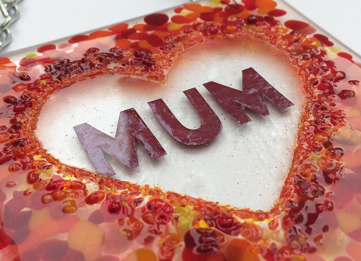 Handmade fused glass Mum in a love heart or star hanging picture decoration. Suncatcher, Mothers day present, gift for Mum, Nan, Grandmother.
