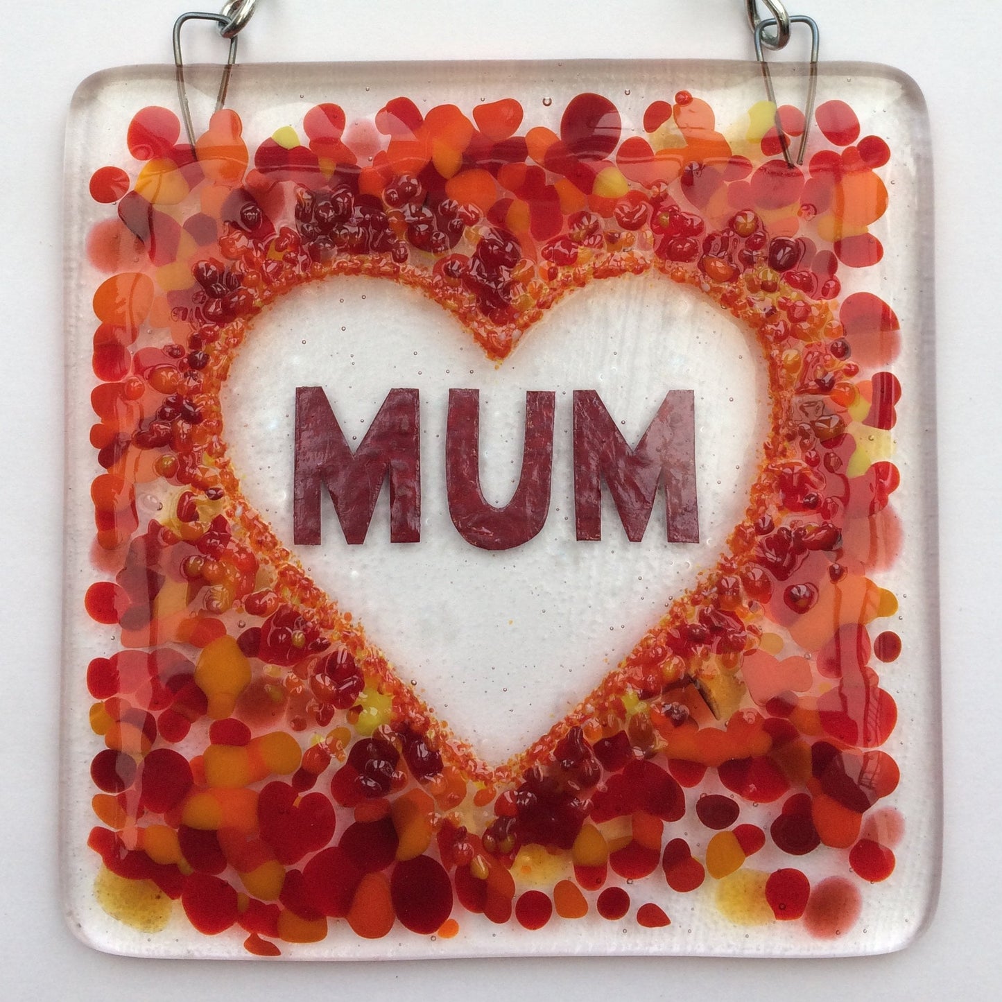 Handmade fused glass Mum in a love heart or star hanging picture decoration. Suncatcher, Mothers day present, gift for Mum, Nan, Grandmother.