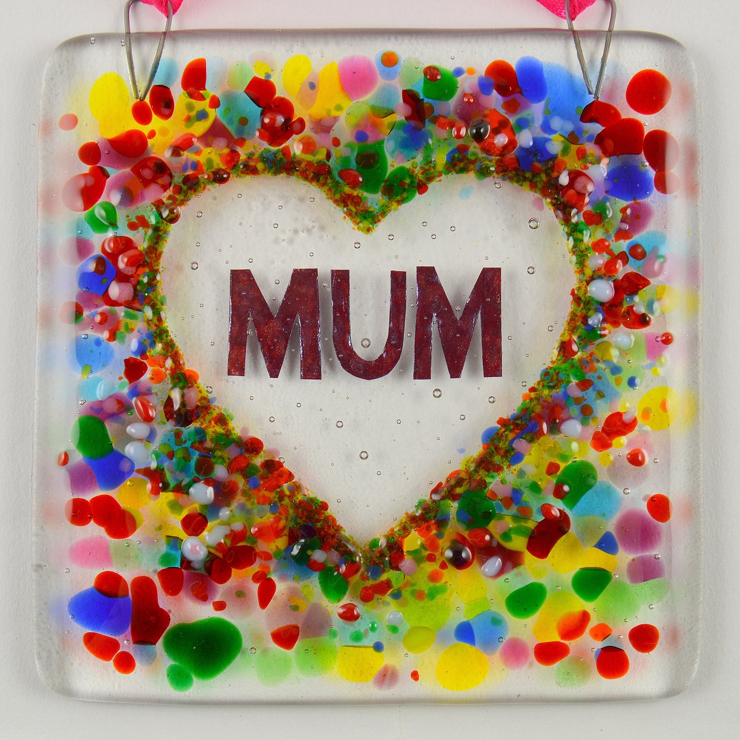 Handmade fused glass Mum in a love heart or star hanging picture decoration. Suncatcher, Mothers day present, gift for Mum, Nan, Grandmother.