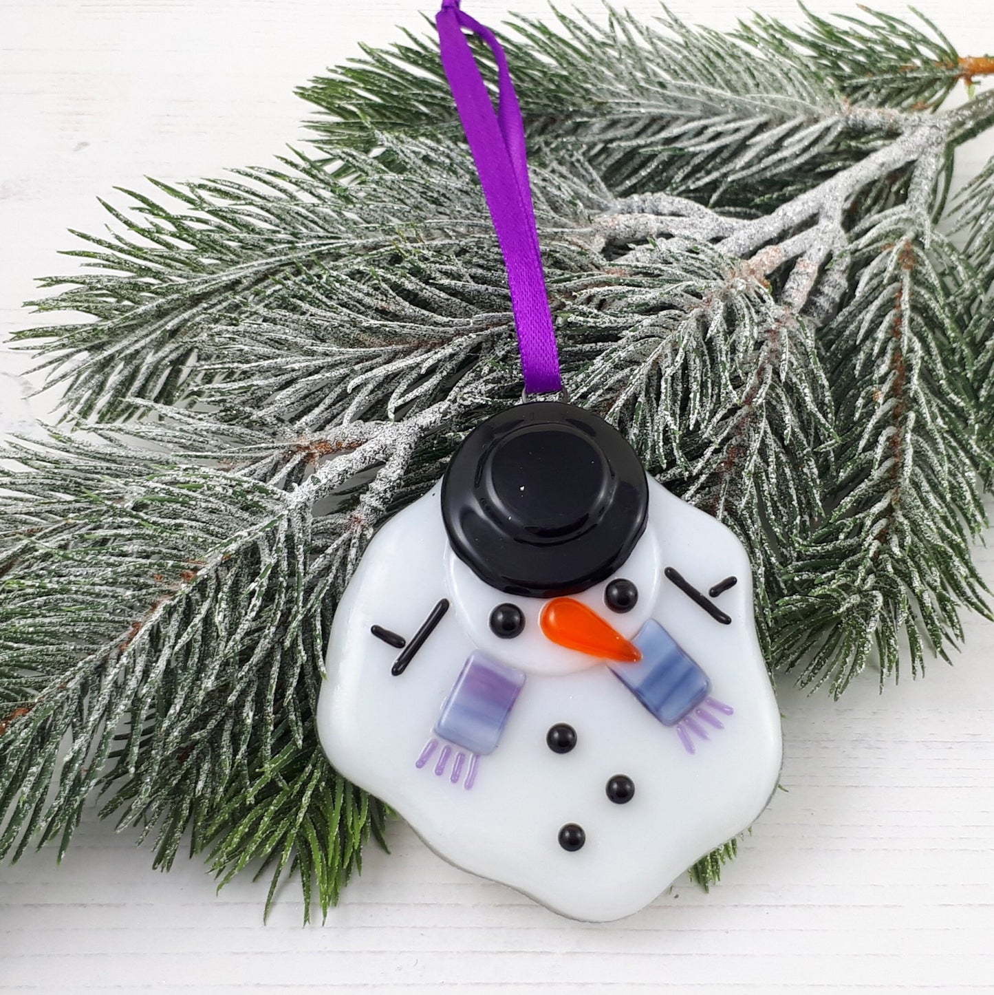 Handmade fused glass Melted Snowman Hanging Decoration, glass snow man, winter ornament, holiday decor, Christmas gift, festive present.
