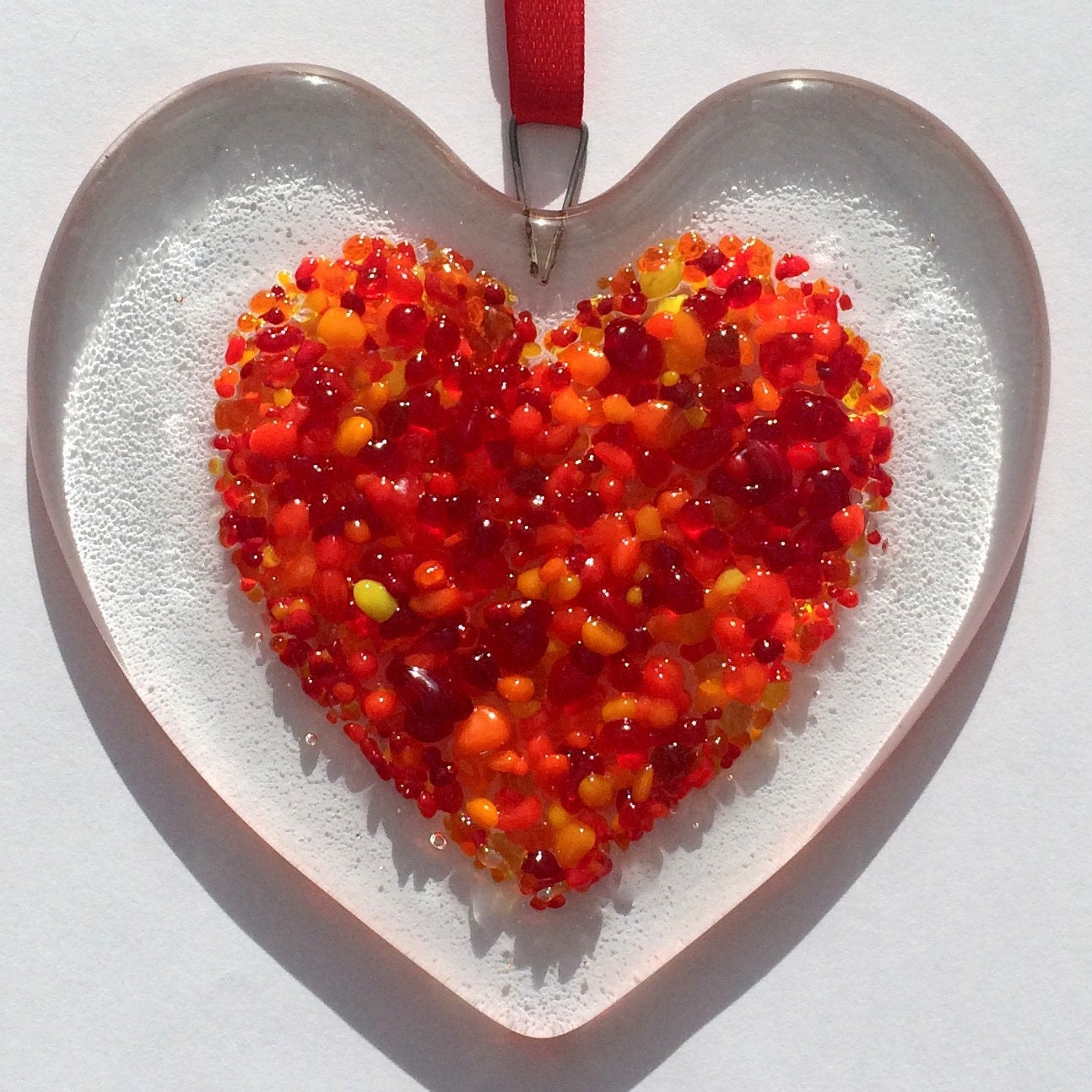 Handmade fused glass Red Pink Love Heart Hanging Decoration. Valentine suncatcher gift. Romantic, love, message from the heart present. Girlfriend, boyfriend, partner, husband, wife, Mum, friend.