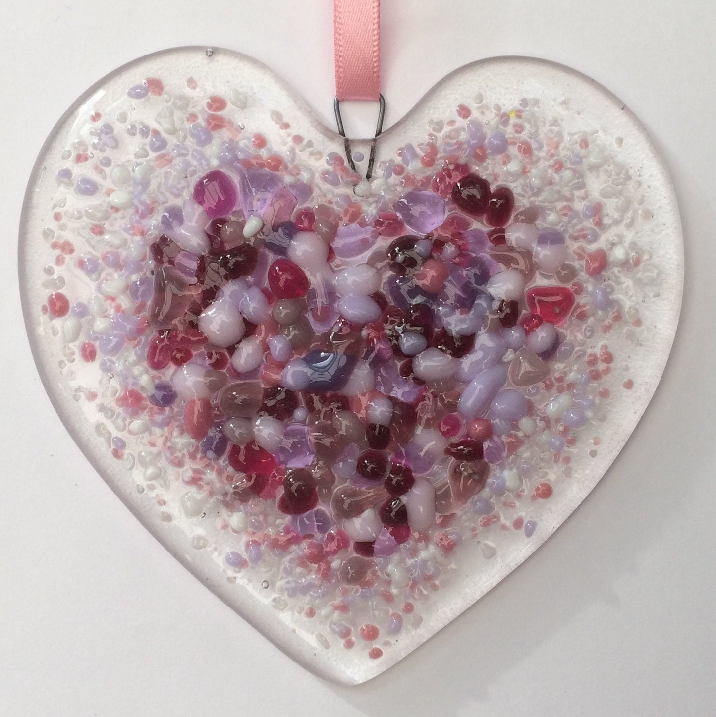 Handmade fused glass Red Pink Love Heart Hanging Decoration. Valentine suncatcher gift. Romantic, love, message from the heart present. Girlfriend, boyfriend, partner, husband, wife, Mum, friend.