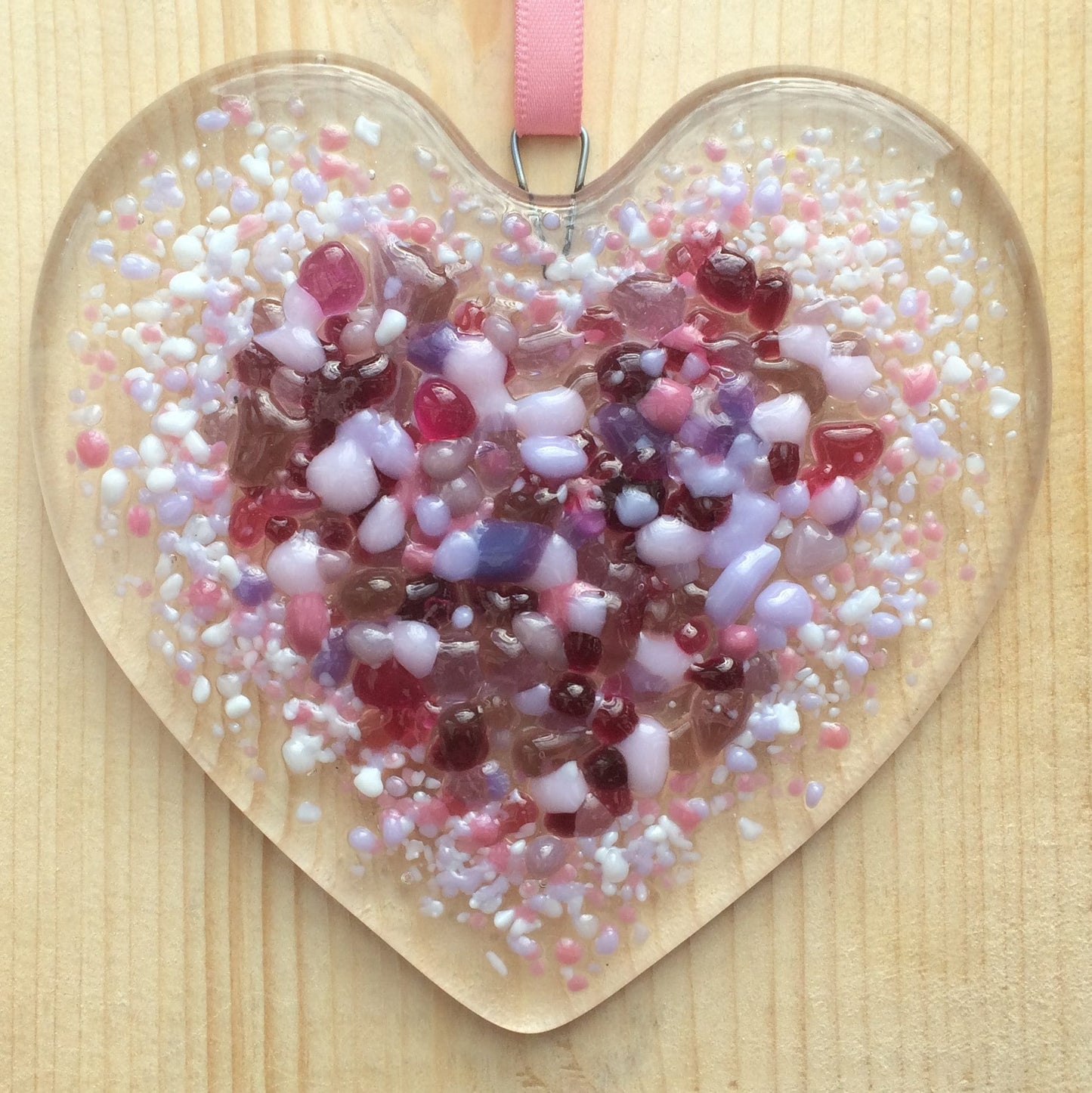 Handmade fused glass Red Pink Love Heart Hanging Decoration. Valentine suncatcher gift. Romantic, love, message from the heart present. Girlfriend, boyfriend, partner, husband, wife, Mum, friend.