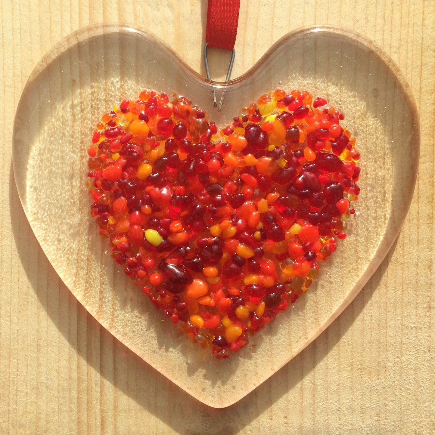 Handmade fused glass Red Pink Love Heart Hanging Decoration. Valentine suncatcher gift. Romantic, love, message from the heart present. Girlfriend, boyfriend, partner, husband, wife, Mum, friend.