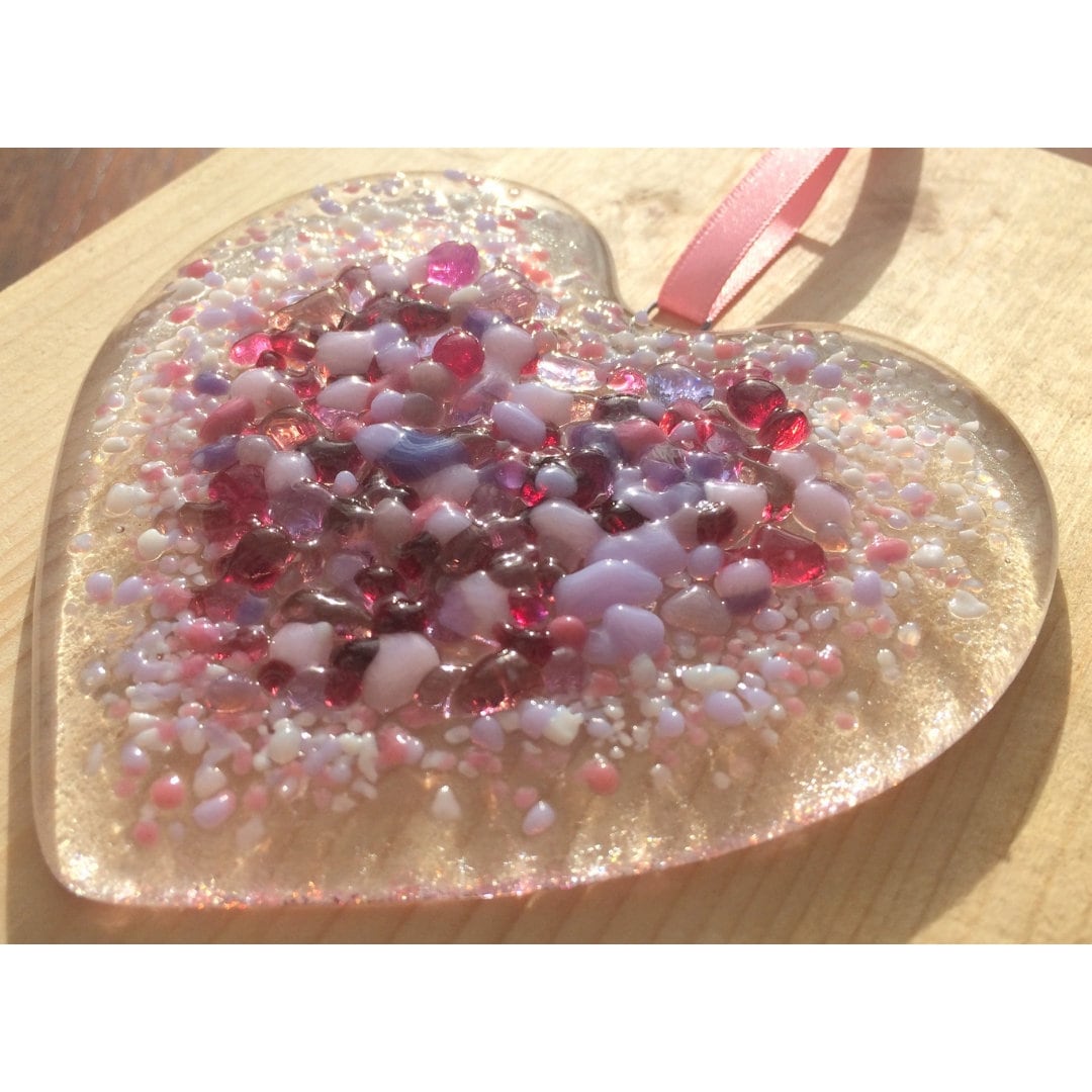 Handmade fused glass Red Pink Love Heart Hanging Decoration. Valentine suncatcher gift. Romantic, love, message from the heart present. Girlfriend, boyfriend, partner, husband, wife, Mum, friend.