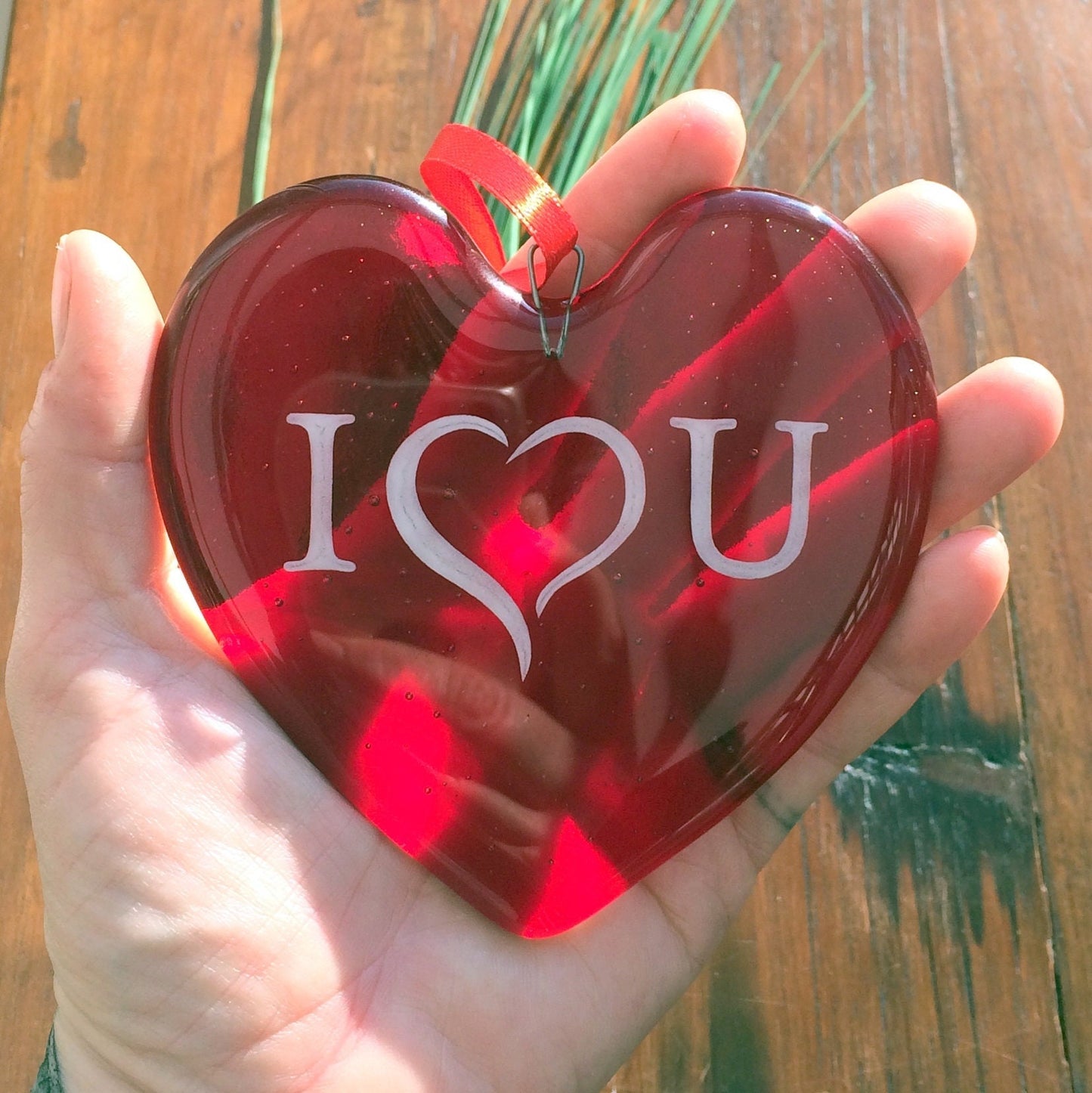 Handmade fused glass Red Personalised Love Heart Hanging Decoration. Hand painted design. Valentine suncatcher gift. Romantic, love, message from the heart present. Girlfriend, boyfriend, partner, husband, wife, Mum, friend.