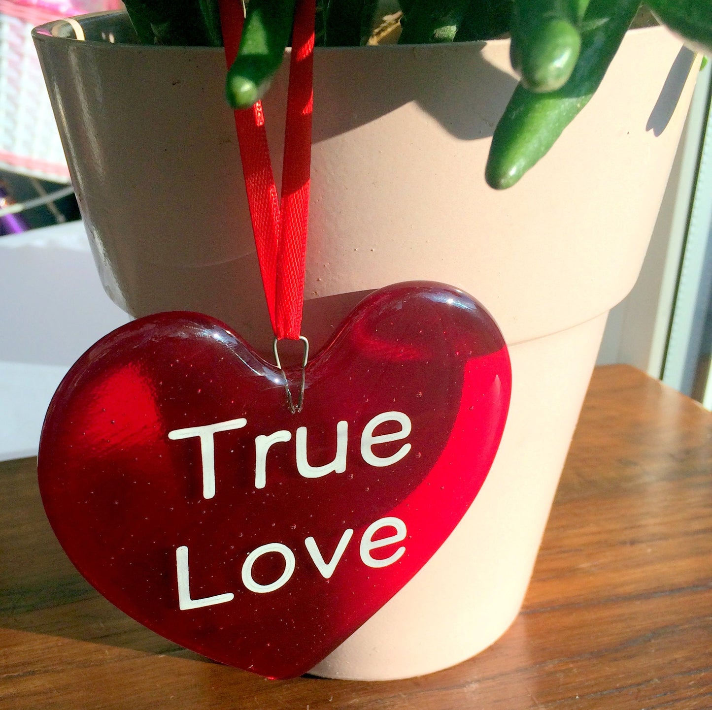 Handmade fused glass Red Personalised Love Heart Hanging Decoration. Hand painted design. Valentine suncatcher gift. Romantic, love, message from the heart present. Girlfriend, boyfriend, partner, husband, wife, Mum, friend.