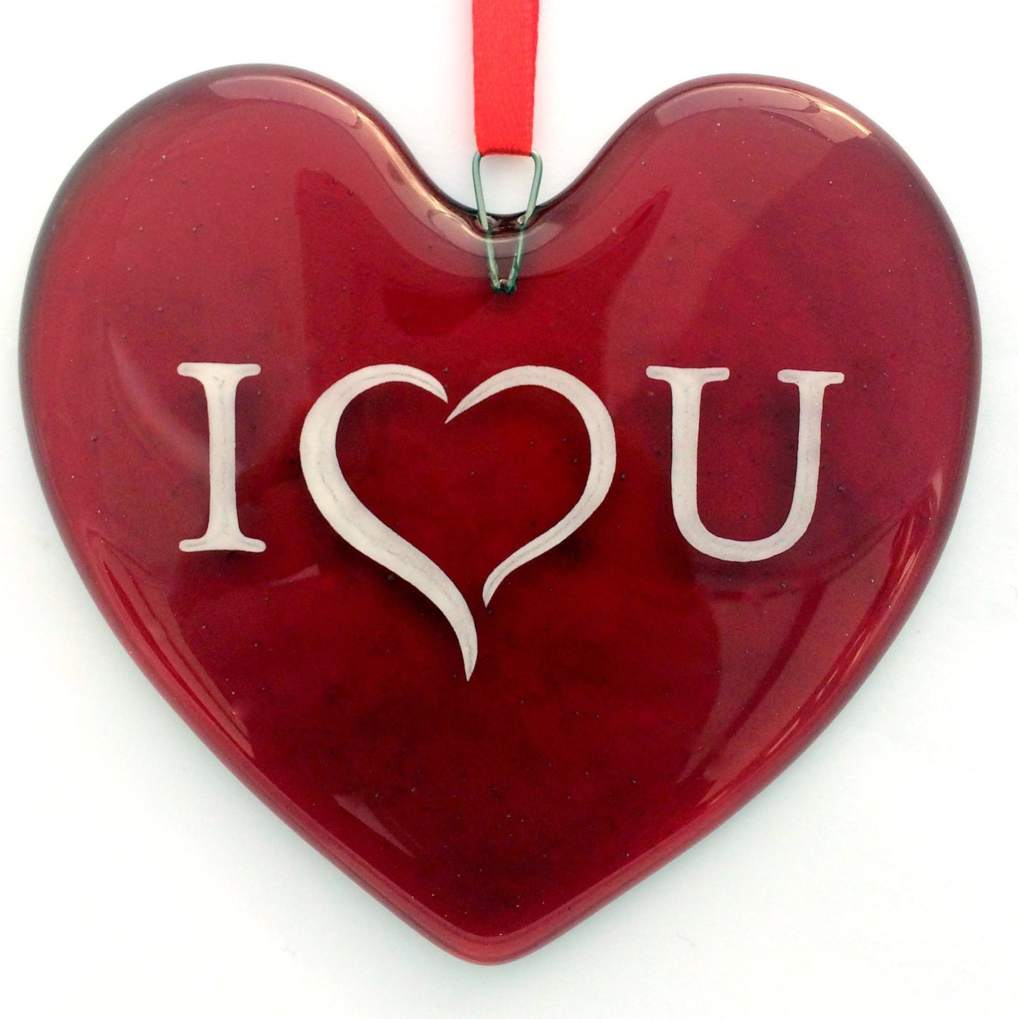Handmade fused glass Red Personalised Love Heart Hanging Decoration. Hand painted design. Valentine suncatcher gift. Romantic, love, message from the heart present. Girlfriend, boyfriend, partner, husband, wife, Mum, friend.