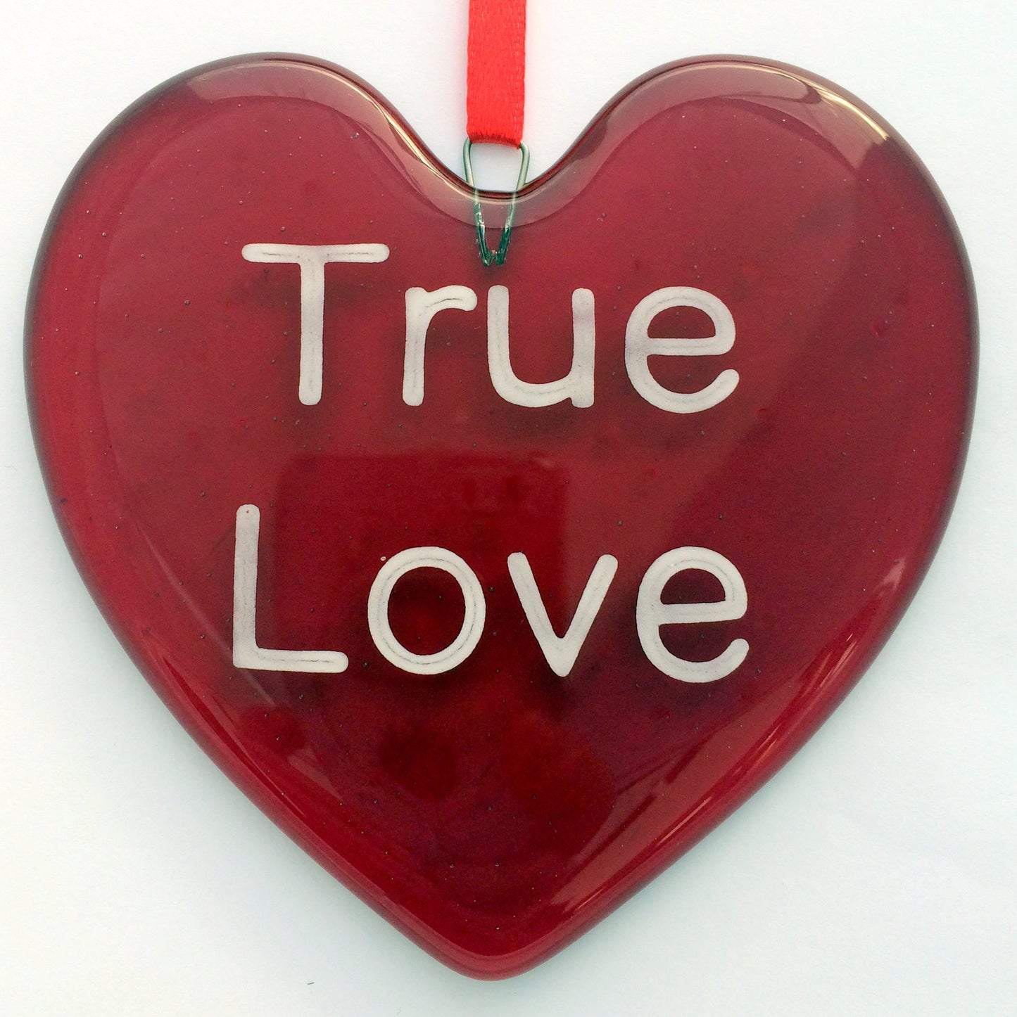 Handmade fused glass Red Personalised Love Heart Hanging Decoration. Hand painted design. Valentine suncatcher gift. Romantic, love, message from the heart present. Girlfriend, boyfriend, partner, husband, wife, Mum, friend.