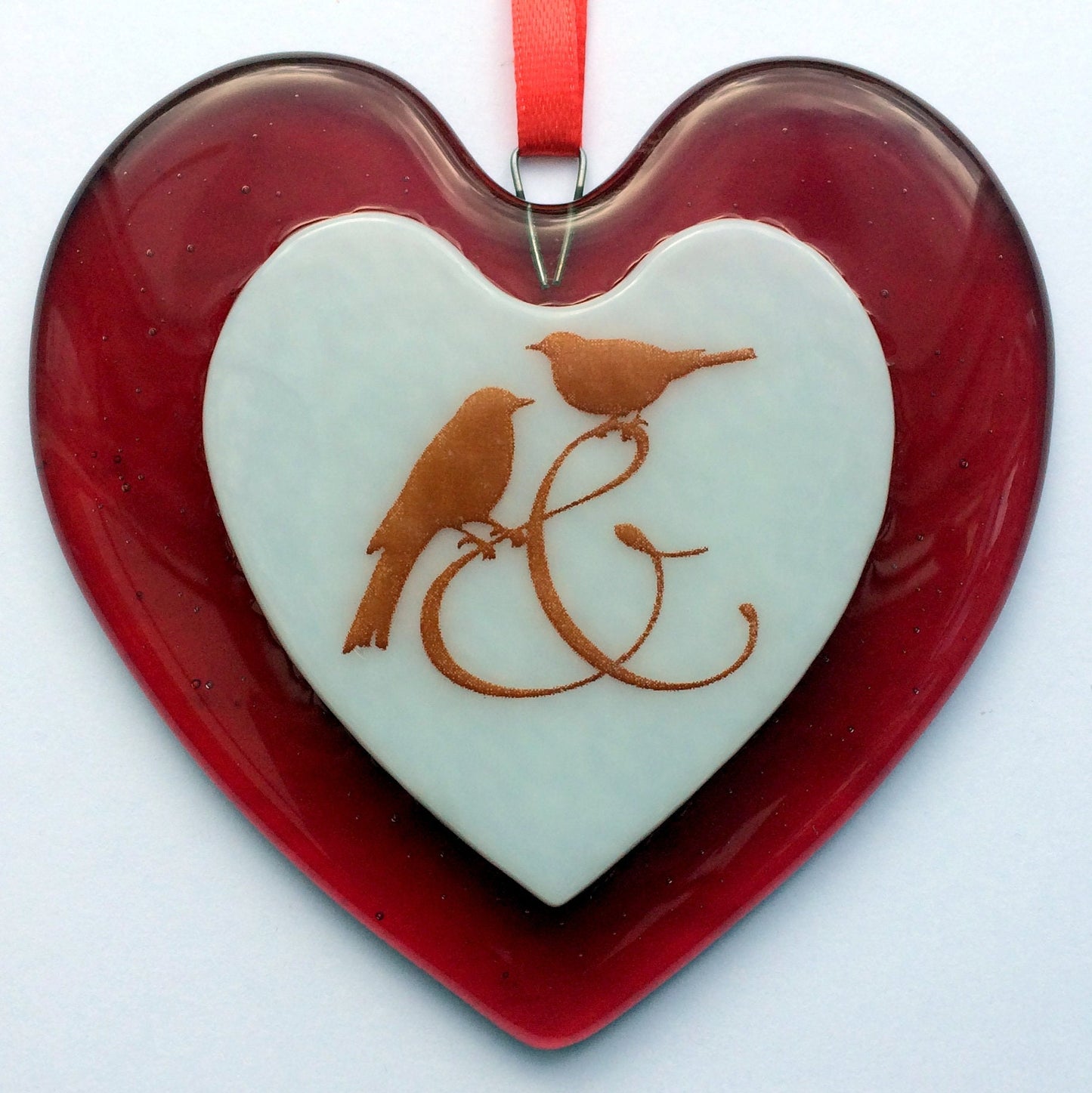 Handmade fused glass Red Personalised Love Heart Hanging Decoration. Valentine suncatcher gift. Romantic, love, message from the heart present. Girlfriend, boyfriend, partner, husband, wife, Mum, friend.
