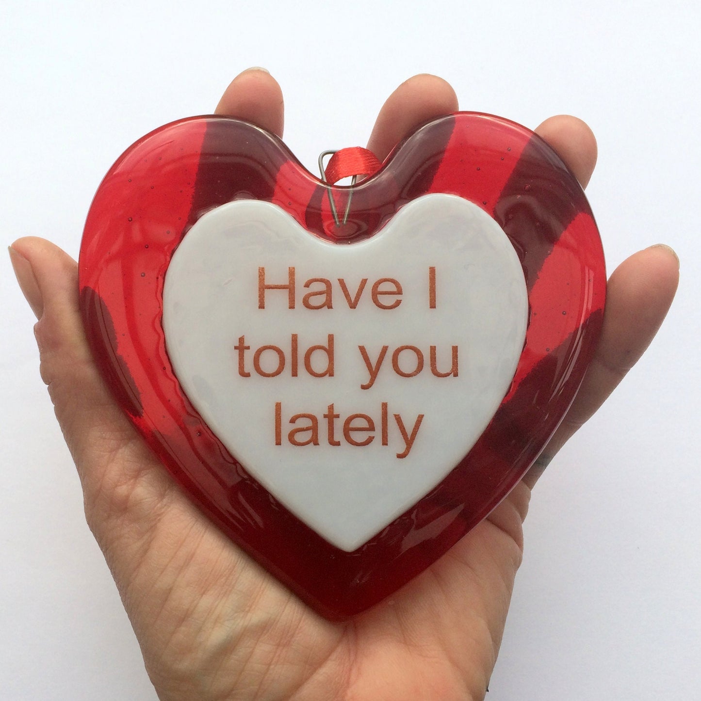 Handmade fused glass Red Personalised Love Heart Hanging Decoration. Valentine suncatcher gift. Romantic, love, message from the heart present. Girlfriend, boyfriend, partner, husband, wife, Mum, friend.