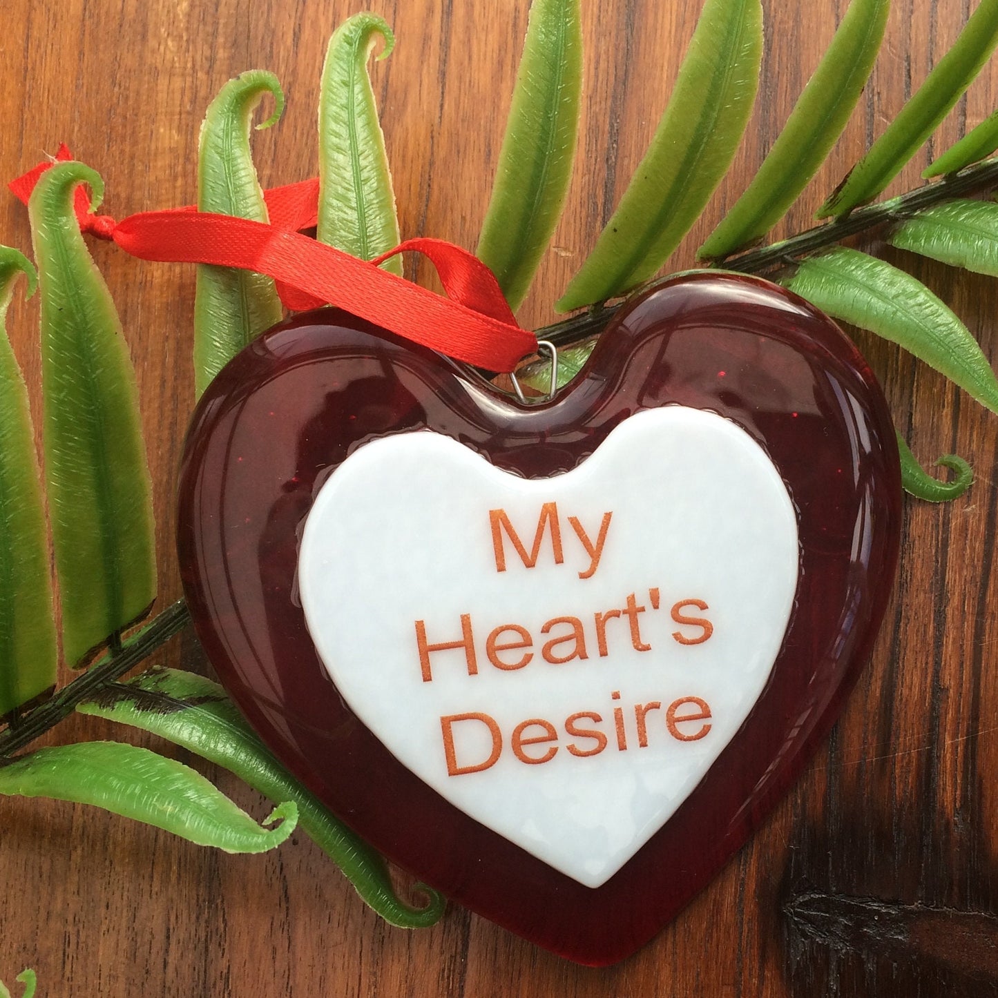 Handmade fused glass Red Personalised Love Heart Hanging Decoration. Valentine suncatcher gift. Romantic, love, message from the heart present. Girlfriend, boyfriend, partner, husband, wife, Mum, friend.