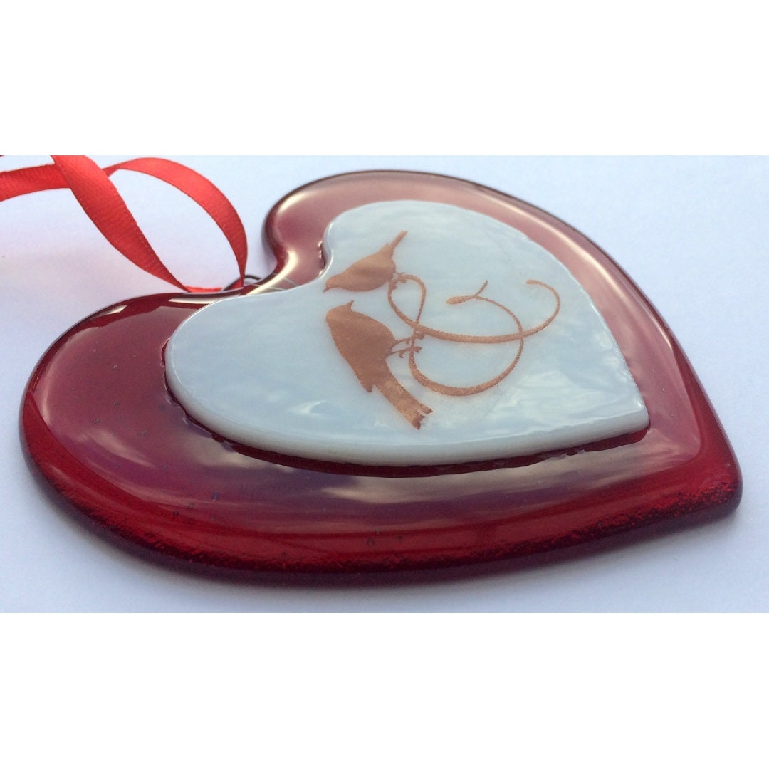Handmade fused glass Red Personalised Love Heart Hanging Decoration. Valentine suncatcher gift. Romantic, love, message from the heart present. Girlfriend, boyfriend, partner, husband, wife, Mum, friend.