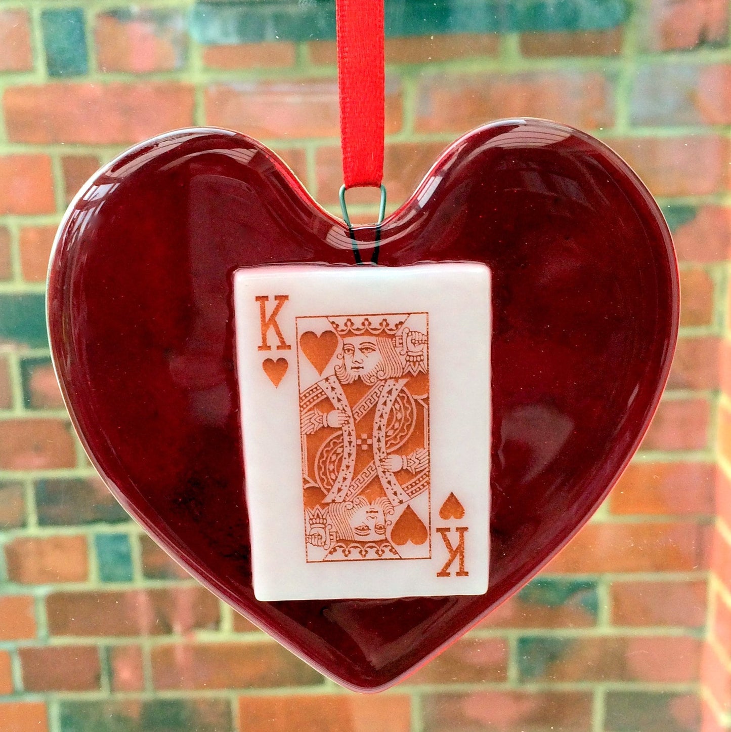 Handmade fused glass Red King / Queen Of Hearts / Diamonds Hanging Decoration. Valentine suncatcher gift. Romantic, love, message from the heart present. Girlfriend, boyfriend, partner, husband, wife, Mum, Dad, friend. Playing card deck.