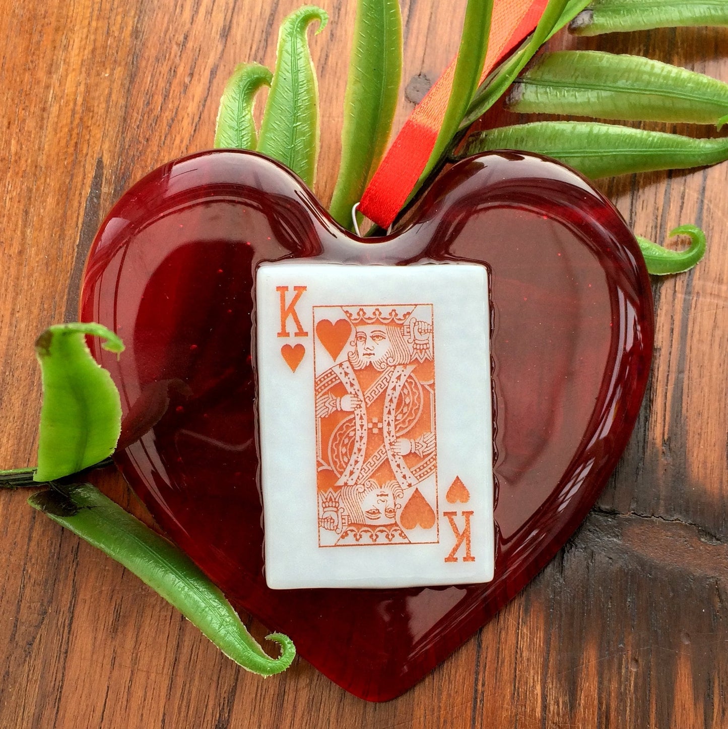 Handmade fused glass Red King / Queen Of Hearts / Diamonds Hanging Decoration. Valentine suncatcher gift. Romantic, love, message from the heart present. Girlfriend, boyfriend, partner, husband, wife, Mum, Dad, friend. Playing card deck.