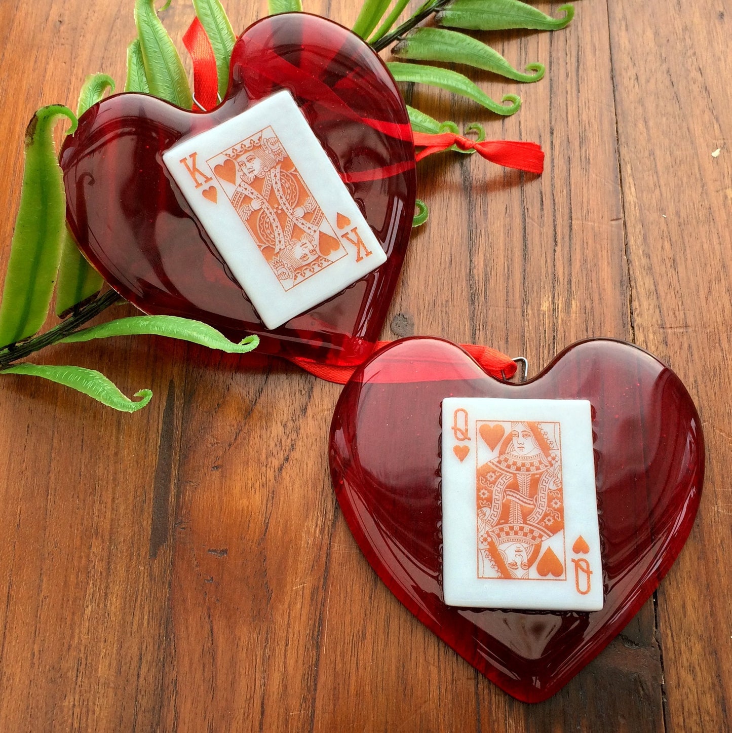 Handmade fused glass Red King / Queen Of Hearts / Diamonds Hanging Decoration. Valentine suncatcher gift. Romantic, love, message from the heart present. Girlfriend, boyfriend, partner, husband, wife, Mum, Dad, friend. Playing card deck.